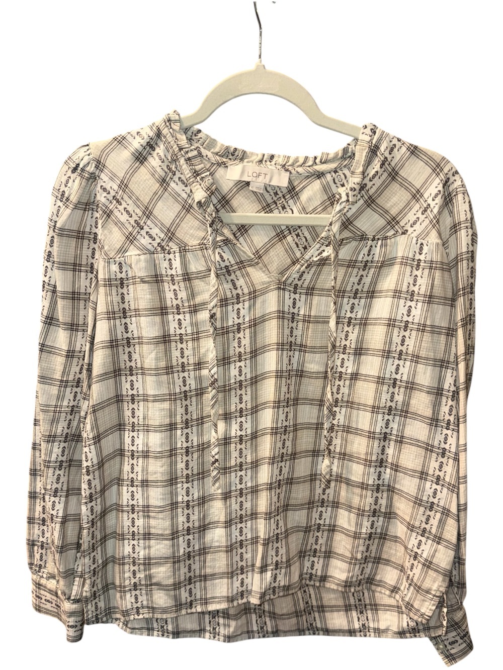 LOFT Cream Plaid Peasant Tunic with Black Check